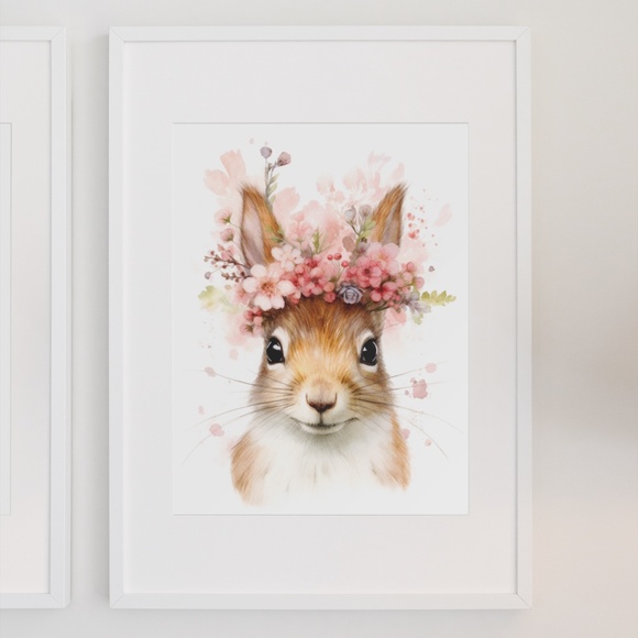 Watercolor Floral Squirrel Portrait Wall Art Illustration Print Poster Unframed - Picture 4 of 6